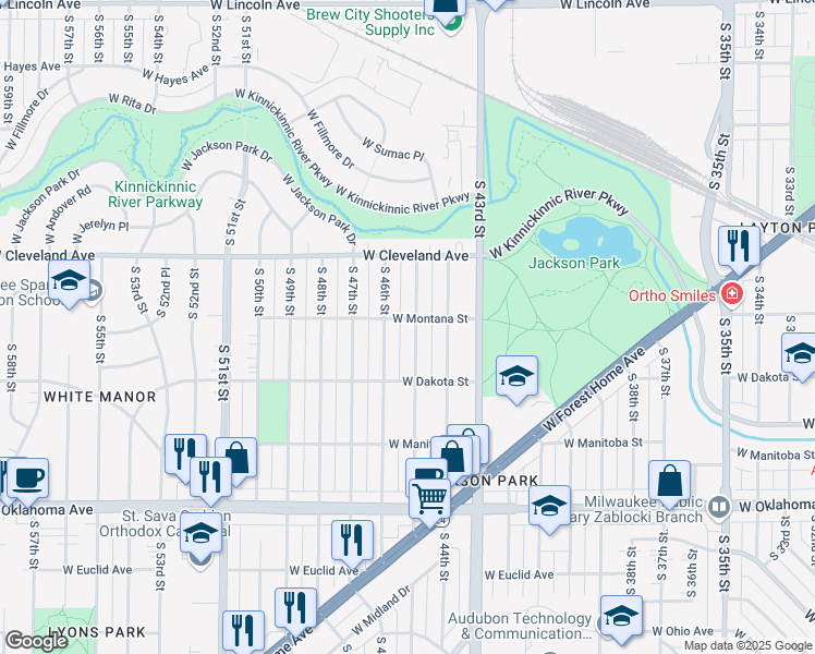 map of restaurants, bars, coffee shops, grocery stores, and more near 2835 South 45th Street in Milwaukee