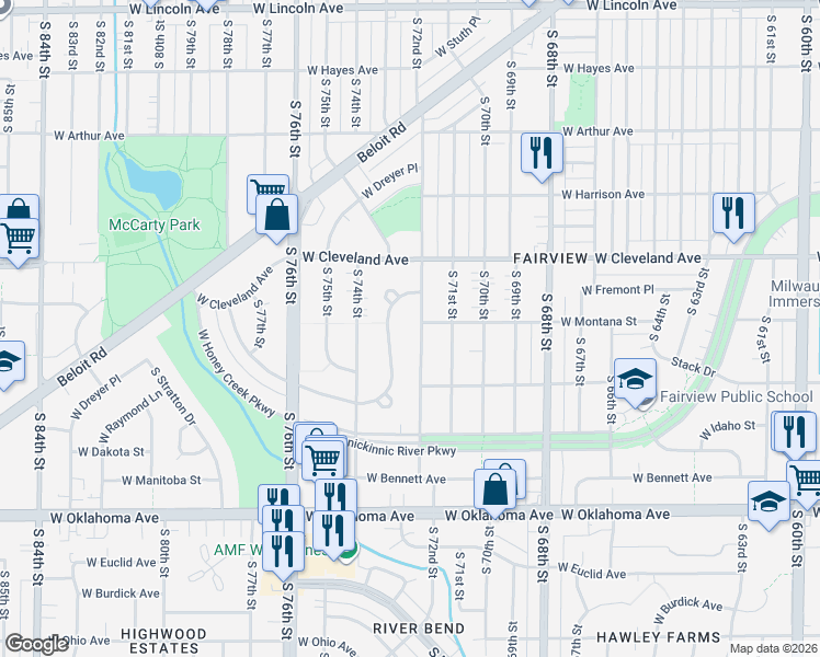 map of restaurants, bars, coffee shops, grocery stores, and more near 2838 South Cleveland Park Drive in West Allis