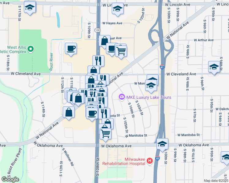 map of restaurants, bars, coffee shops, grocery stores, and more near 8405 West National Avenue in Milwaukee