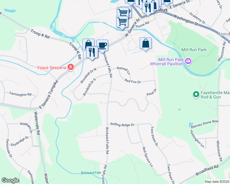 map of restaurants, bars, coffee shops, grocery stores, and more near 7959 Everglades Drive in Manlius