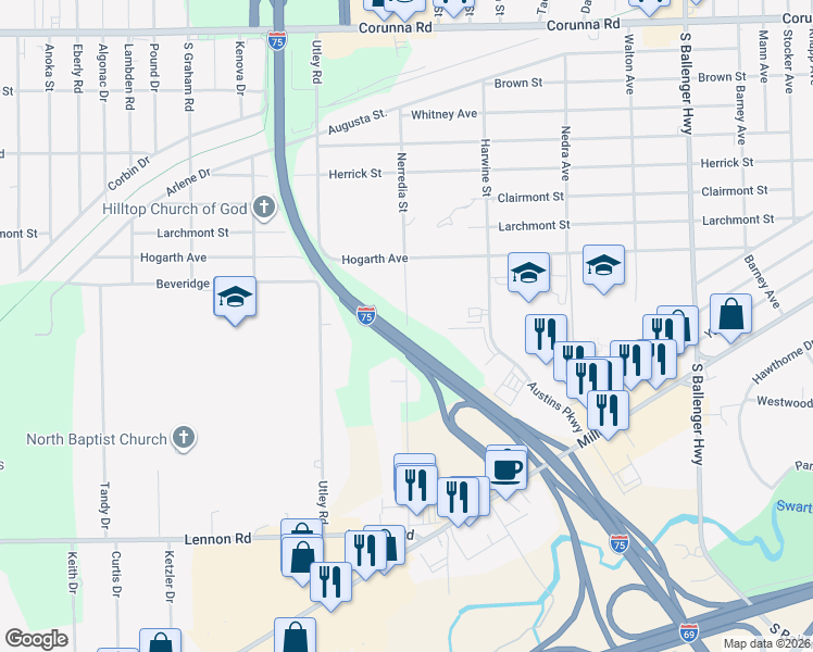 map of restaurants, bars, coffee shops, grocery stores, and more near 2298 Nerredia Street in Flint