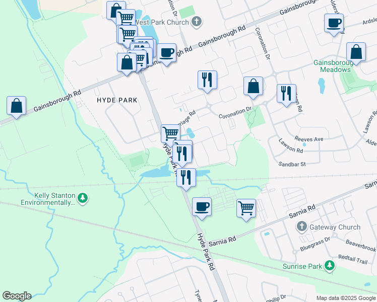 map of restaurants, bars, coffee shops, grocery stores, and more near 1788 Finley Crescent in London