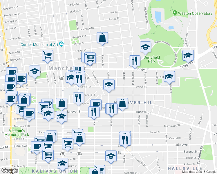map of restaurants, bars, coffee shops, grocery stores, and more near 63 Ashland Street in Manchester