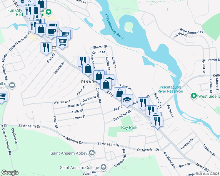 map of restaurants, bars, coffee shops, grocery stores, and more near 689 Mast Road in Manchester