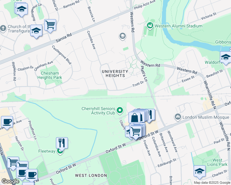 map of restaurants, bars, coffee shops, grocery stores, and more near 268 Coombs Avenue in London