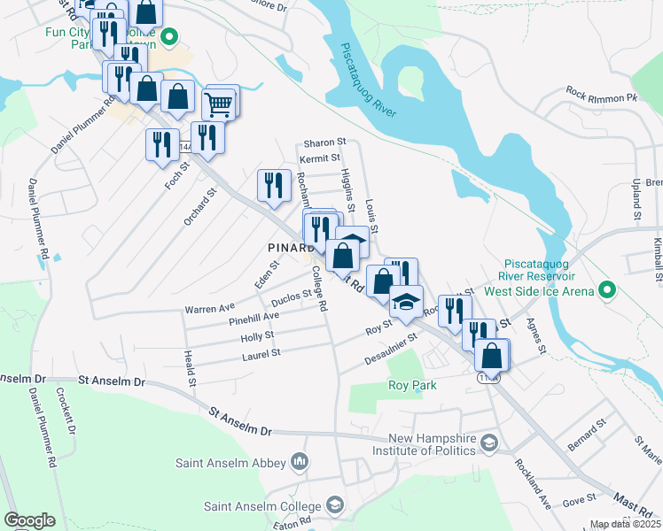 map of restaurants, bars, coffee shops, grocery stores, and more near 689 Mast Road in Manchester