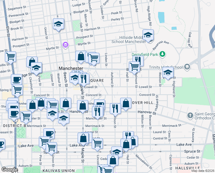 map of restaurants, bars, coffee shops, grocery stores, and more near 330 Lowell St in Manchester