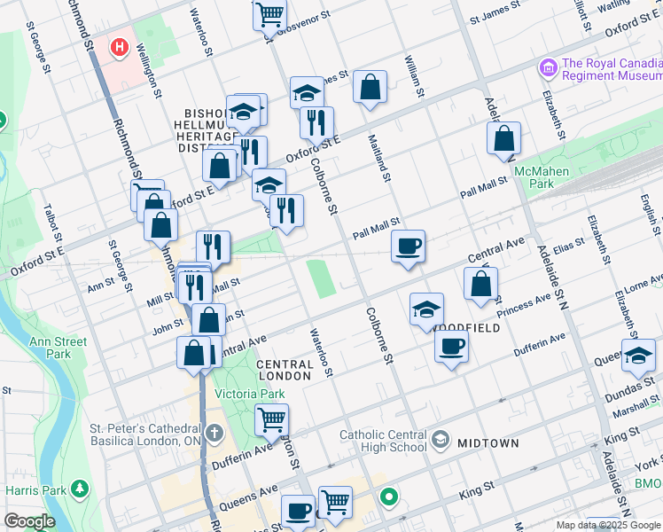 map of restaurants, bars, coffee shops, grocery stores, and more near in London