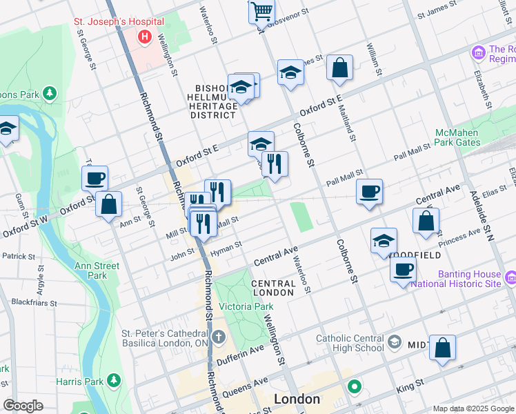 map of restaurants, bars, coffee shops, grocery stores, and more near 256 Pall Mall Street in London
