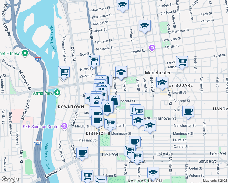 map of restaurants, bars, coffee shops, grocery stores, and more near 76 Lowell Street in Manchester