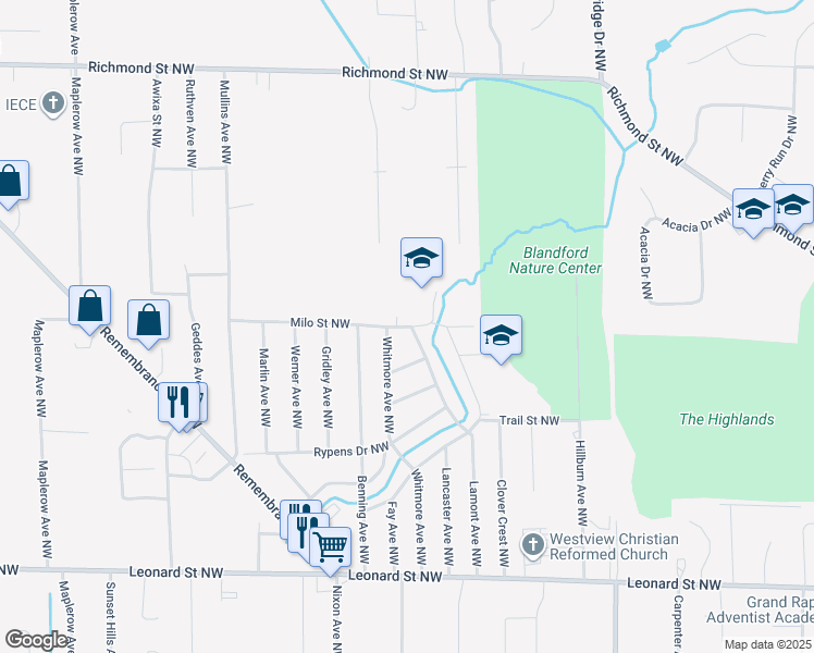 map of restaurants, bars, coffee shops, grocery stores, and more near 3143 Milo Street Northwest in Grand Rapids