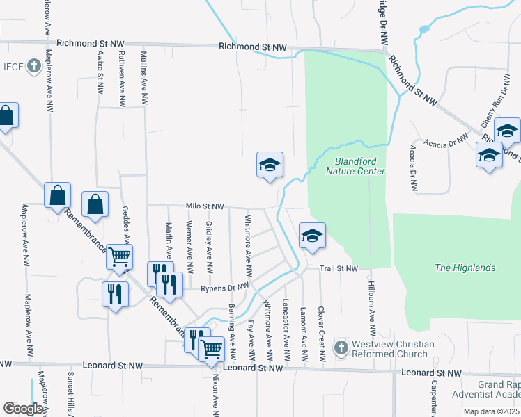 map of restaurants, bars, coffee shops, grocery stores, and more near 3143 Milo Street Northwest in Grand Rapids