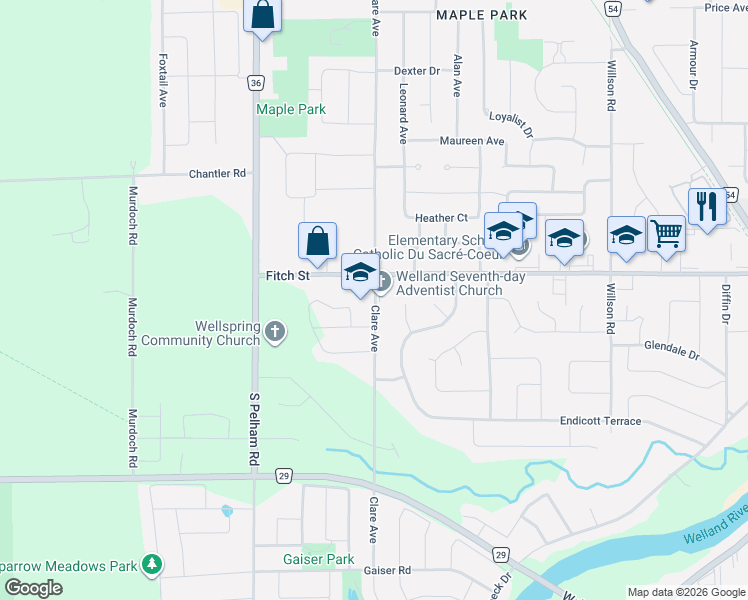 map of restaurants, bars, coffee shops, grocery stores, and more near 380 Clare Ave in Welland