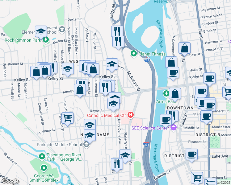 map of restaurants, bars, coffee shops, grocery stores, and more near 134 Amory Street in Manchester