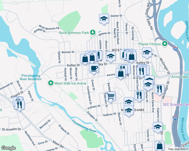 map of restaurants, bars, coffee shops, grocery stores, and more near 20 Essex Street in Manchester