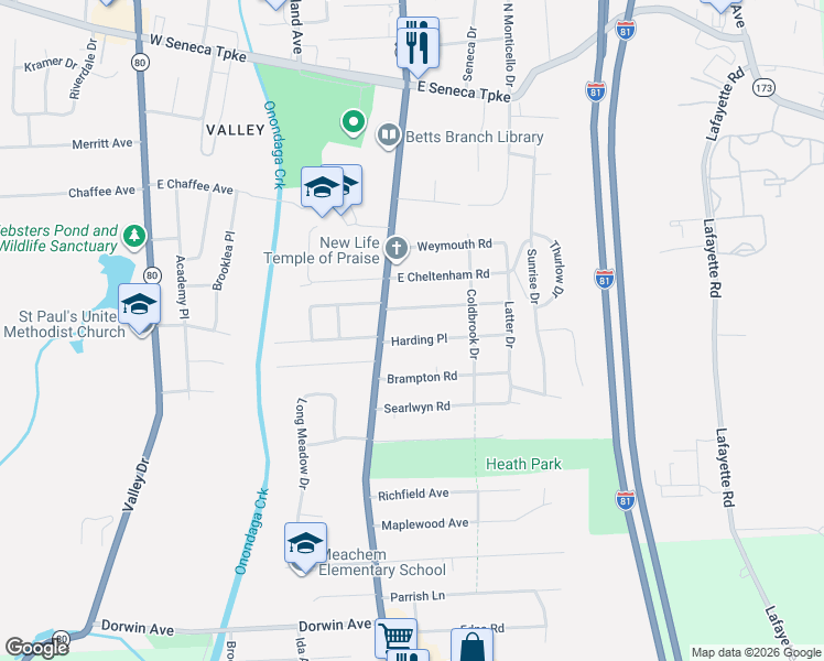map of restaurants, bars, coffee shops, grocery stores, and more near 116 Harding Place in Syracuse