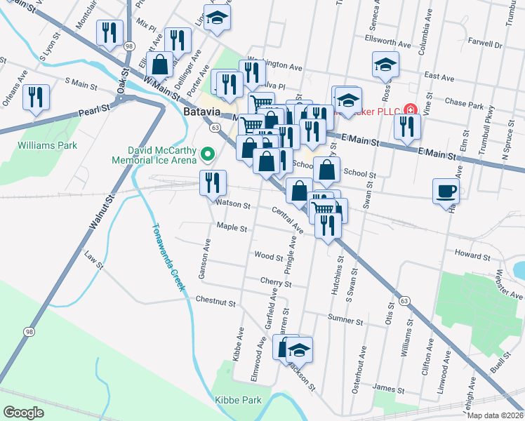 map of restaurants, bars, coffee shops, grocery stores, and more near 124 Jackson Street in Batavia
