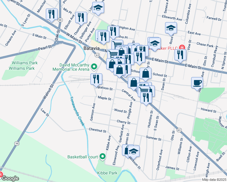 map of restaurants, bars, coffee shops, grocery stores, and more near 124 Jackson Street in Batavia