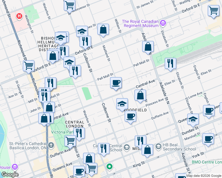 map of restaurants, bars, coffee shops, grocery stores, and more near 426 Central Avenue in London
