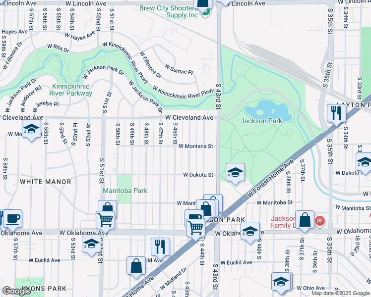 map of restaurants, bars, coffee shops, grocery stores, and more near 2835 South 45th Street in Milwaukee