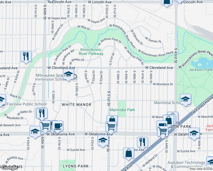 map of restaurants, bars, coffee shops, grocery stores, and more near 2845 South 51st Street in Milwaukee