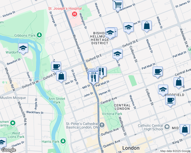 map of restaurants, bars, coffee shops, grocery stores, and more near 248 Pall Mall Street in London