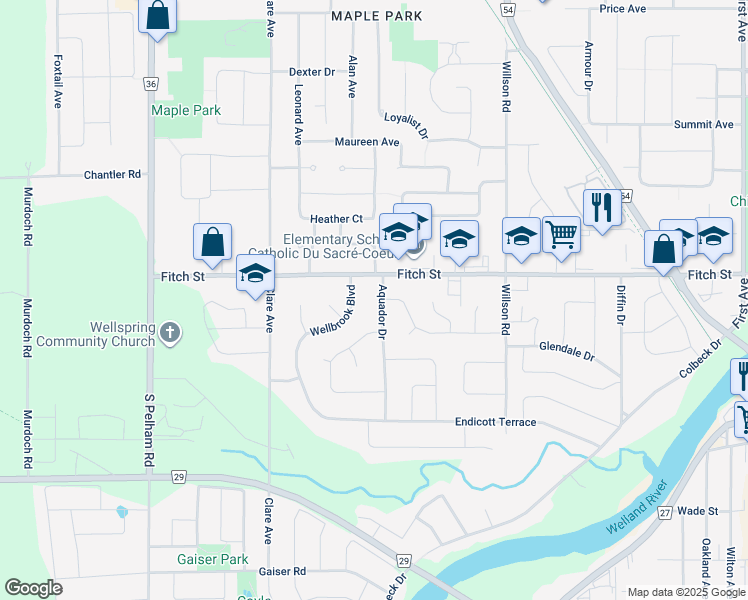 map of restaurants, bars, coffee shops, grocery stores, and more near 15 Aquador Drive in Welland
