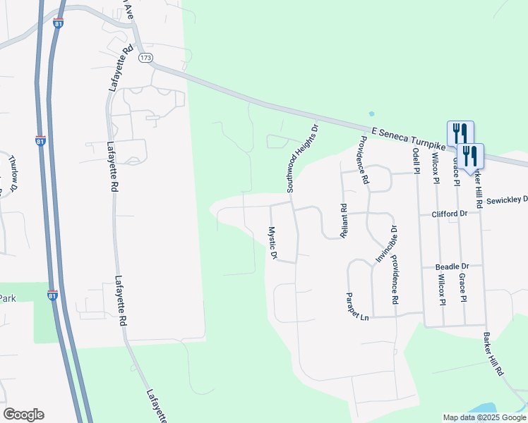 map of restaurants, bars, coffee shops, grocery stores, and more near 5761 Eclipse Drive in Jamesville