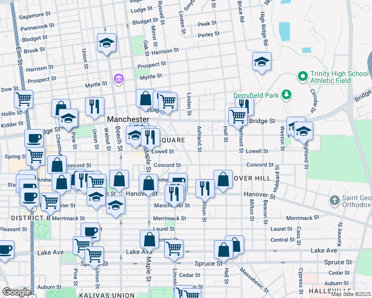 map of restaurants, bars, coffee shops, grocery stores, and more near 318 Lowell Street in Manchester