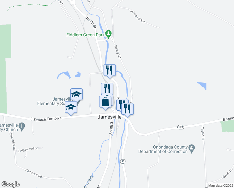 map of restaurants, bars, coffee shops, grocery stores, and more near 4583 North Street in Jamesville