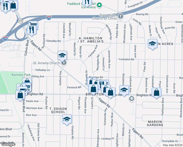 map of restaurants, bars, coffee shops, grocery stores, and more near 89 Saint Amelia Drive in Tonawanda