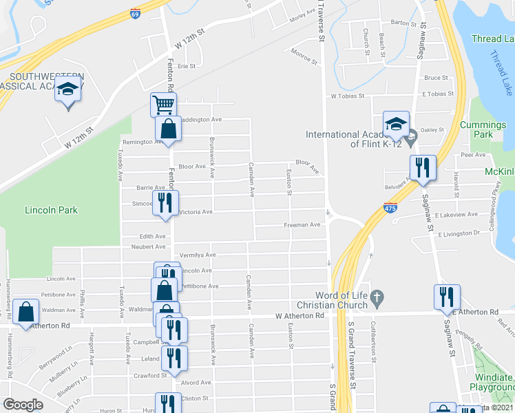 map of restaurants, bars, coffee shops, grocery stores, and more near 754 Victoria Avenue in Flint