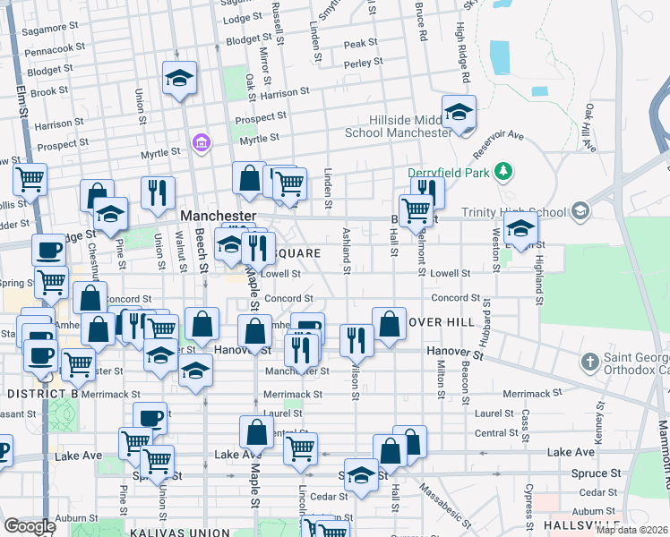 map of restaurants, bars, coffee shops, grocery stores, and more near 330 Lowell St in Manchester
