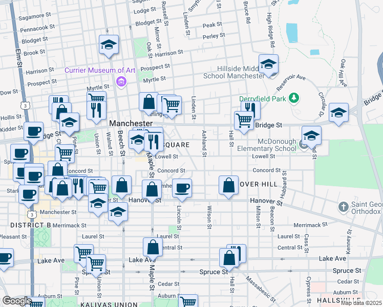map of restaurants, bars, coffee shops, grocery stores, and more near 323 East High Street in Manchester