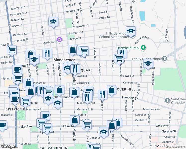 map of restaurants, bars, coffee shops, grocery stores, and more near 318 Lowell Street in Manchester