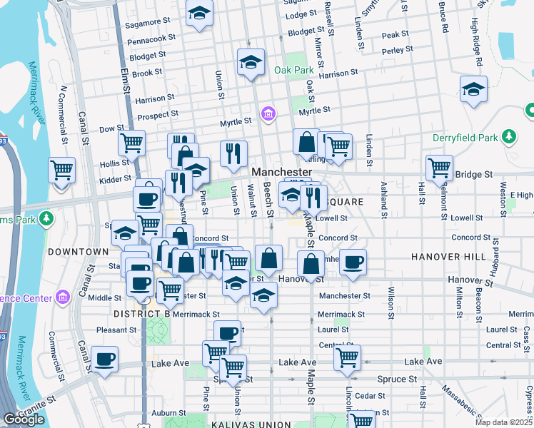 map of restaurants, bars, coffee shops, grocery stores, and more near 585 New Hampshire 28 in Manchester