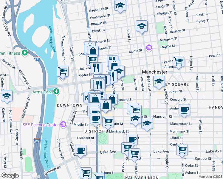 map of restaurants, bars, coffee shops, grocery stores, and more near 29 Kosciuszko Street in Manchester