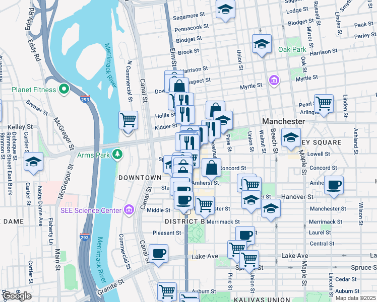 map of restaurants, bars, coffee shops, grocery stores, and more near 1155 Elm Street in Manchester