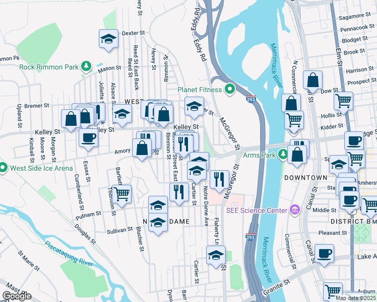 map of restaurants, bars, coffee shops, grocery stores, and more near 465 Cartier Street in Manchester