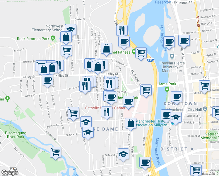 map of restaurants, bars, coffee shops, grocery stores, and more near 478 Dubuque Street in Manchester