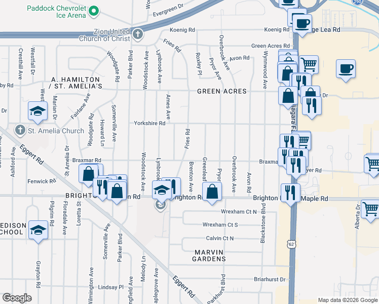 map of restaurants, bars, coffee shops, grocery stores, and more near 507 Fries Road in Tonawanda