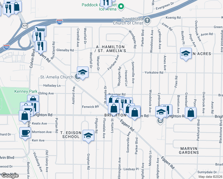 map of restaurants, bars, coffee shops, grocery stores, and more near 89 Saint Amelia Drive in Tonawanda