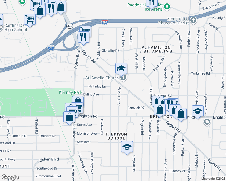 map of restaurants, bars, coffee shops, grocery stores, and more near 403 Cornwall Avenue in Tonawanda