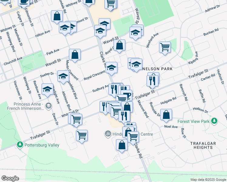 map of restaurants, bars, coffee shops, grocery stores, and more near 189 Clarke Road in London