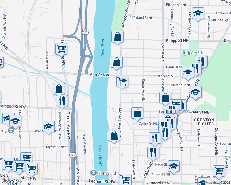 map of restaurants, bars, coffee shops, grocery stores, and more near 60 Ann Street Northwest in Grand Rapids