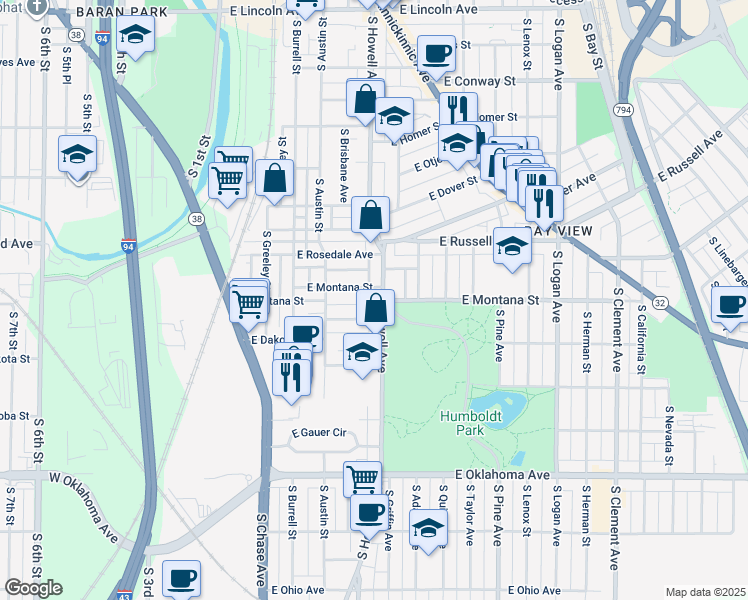 map of restaurants, bars, coffee shops, grocery stores, and more near 2751 South Howell Avenue in Milwaukee