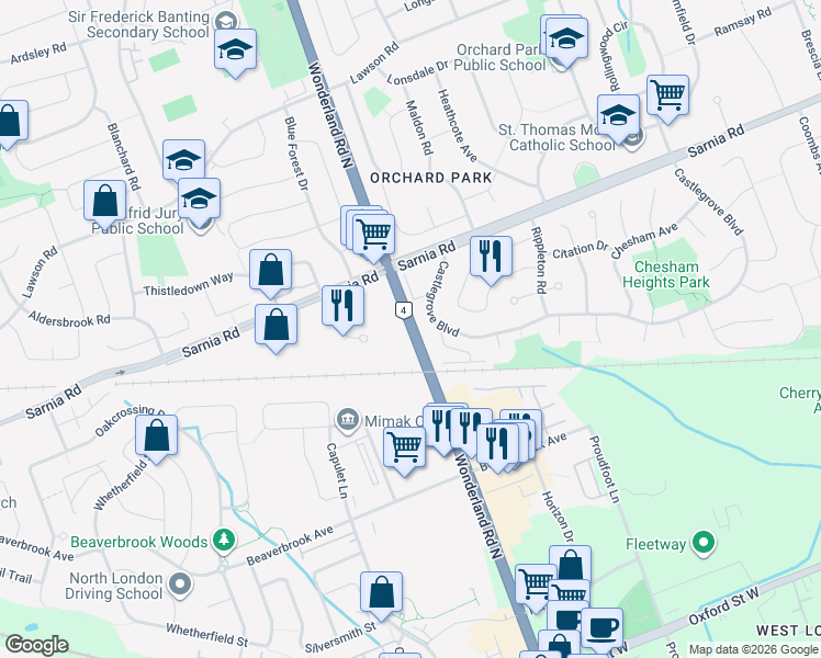 map of restaurants, bars, coffee shops, grocery stores, and more near 850 Wonderland Road in London