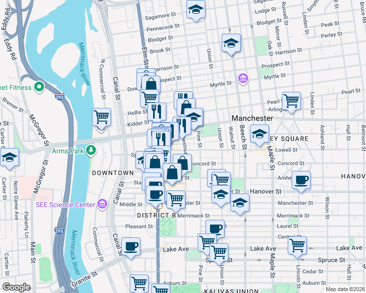 map of restaurants, bars, coffee shops, grocery stores, and more near 480 Chestnut Street in Manchester