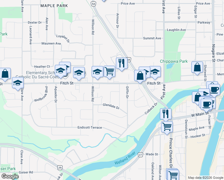 map of restaurants, bars, coffee shops, grocery stores, and more near 9 Braden Avenue in Welland