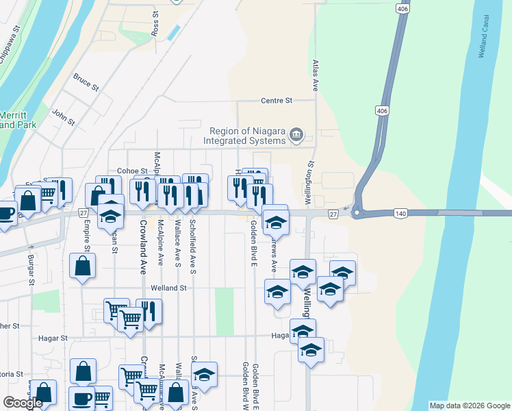 map of restaurants, bars, coffee shops, grocery stores, and more near 936 East Main Street in Welland